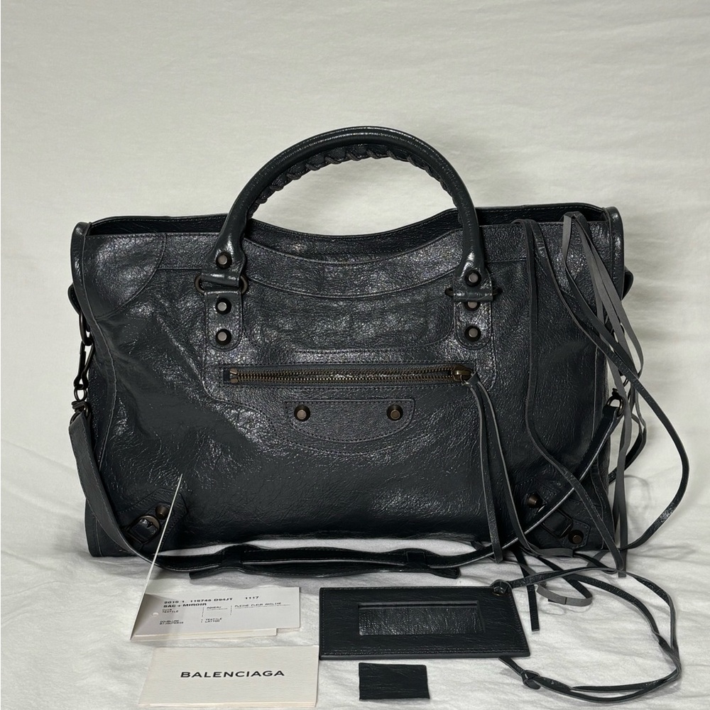 BALENCIAGA The City bag 2way Handbag Leather Gray 115748 Y2K Editors Authentic